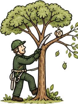 Illustration of a tree surgeon at work: crown reduction and thinning