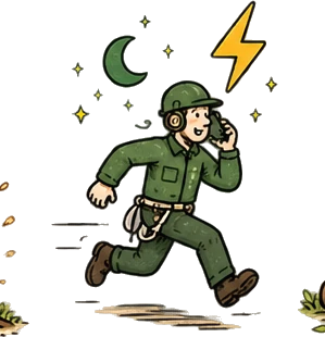 Illustration of a tree surgeon on the phone, running to an emergency callout at night