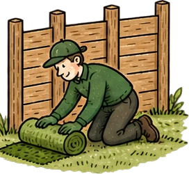 Illustration of a tree surgeon at work: fencing and turfing