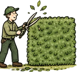 Illustration of a tree surgeon at work: hedge cutting and maintenance