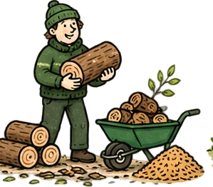 Illustration of a tree surgeon at work: logs and woodchip