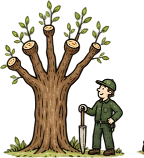 Illustration of a tree surgeon at work: pollarding