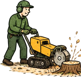 Illustration of a tree surgeon at work: stump grinding