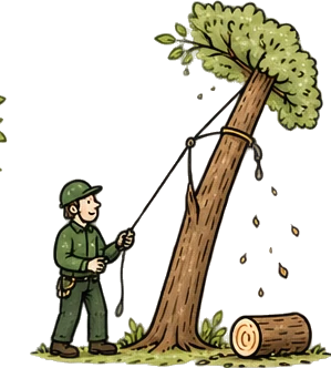 Illustration of a tree surgeon at work: tree removal and felling