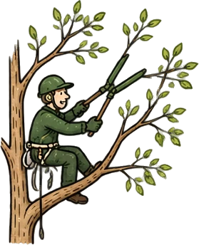 Illustration of a tree surgeon at work: tree work and pruning